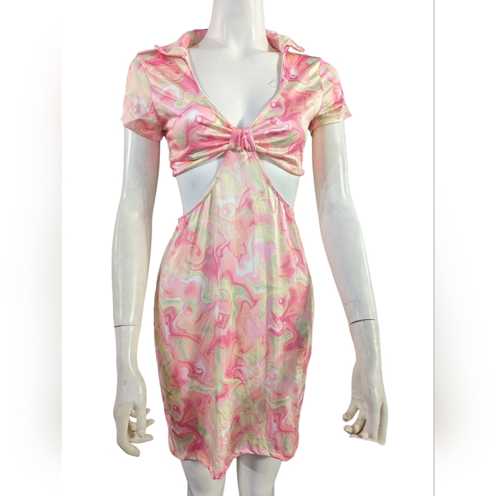 New With Tag Rue21 Pink Peach Yellow Green Chartreuse Swirl Cut Out Mini Dress